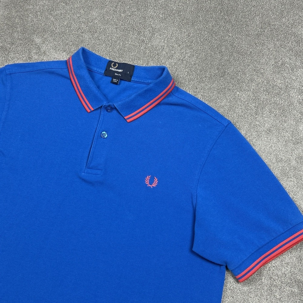 Fred Perry Polo Shirt Mens Large Slim Fit Blue Twin Tipped Cotton Pique Casual